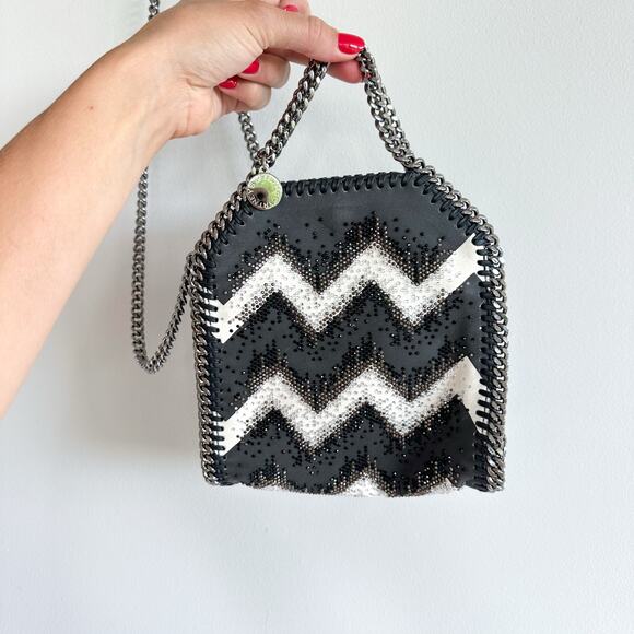 Stella McCartney Embellished Chevron Falabella Crossbody Bag Black White - Picture 7 of 8